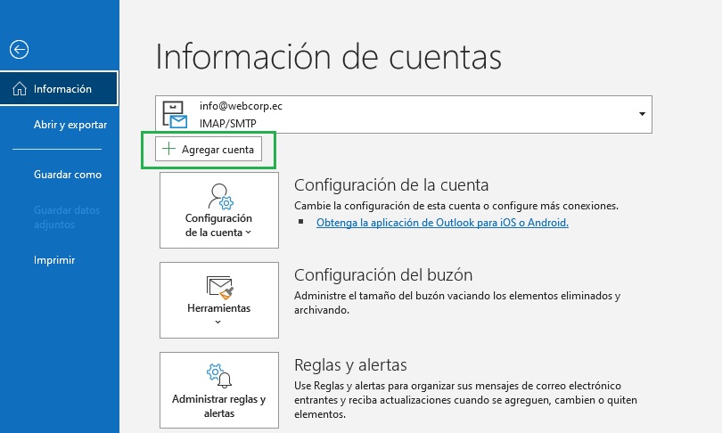 Abre Outlook y añade tu dirección de correo electrónico