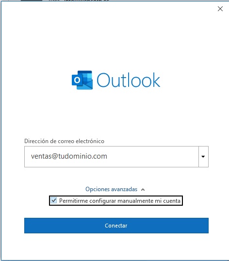 Despliega el menú Opciones avanzadas y marca la casilla para configurar la cuenta manualmente. Haz clic en Conectar.
