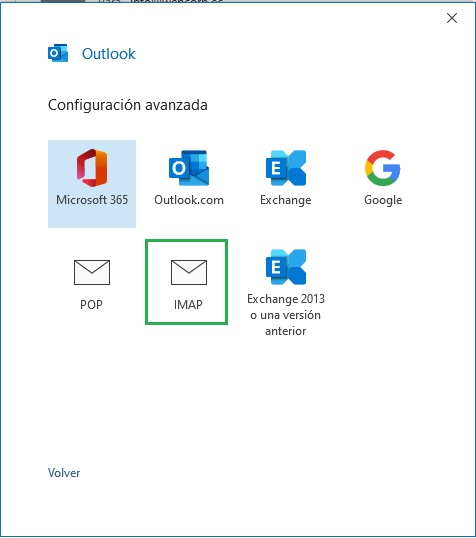 En el menú Configuración avanzada, selecciona IMAP o POP. En este tutorial, utilizaremos IMAP, pero explicaremos sus diferencias un poco más adelante. 