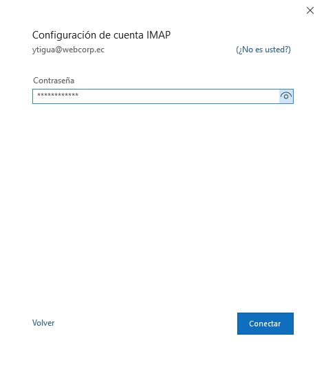 Outlook te pedirá ahora que ingreses la contraseña del correo. Escribe la misma que usas para entrar a tu webmail en Hostinger y haz clic en Conectar o Siguiente.