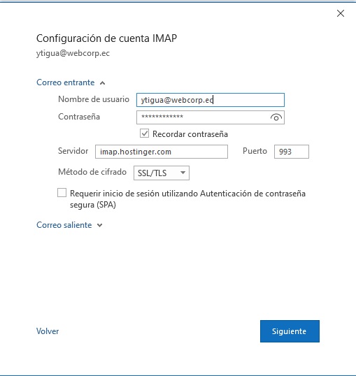 Si Outlook no detecta automáticamente los servidores al ingresar tu correo y contraseña, deberás completarlos manualmente en la ventana que aparece