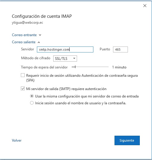 Asegúrate de marcar la opción: “Usar el mismo nombre de usuario y contraseña para enviar correos” si Outlook lo solicita.