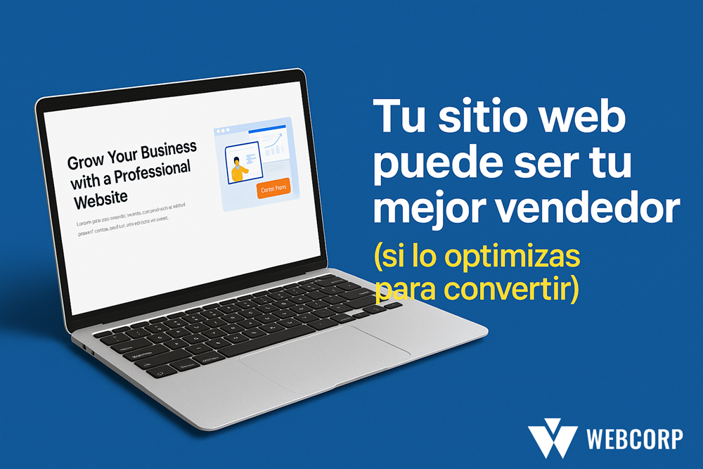 Laptop mostrando un sitio web optimizado con botones de llamada a la acción, representando que un sitio web puede ser tu mejor vendedor.